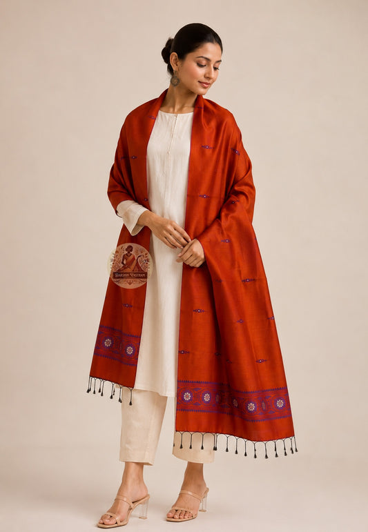 Front view of handwoven Baluchari silk stole in deep brick red – pure silk with indigo chakra border and black tassels draped over ivory kurta – Dakshin Vastram