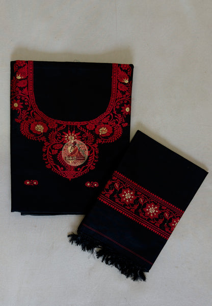 Resham woven neckline detail on green Baluchari Mulberry silk kurti fabric — artisan handloom West Bengal