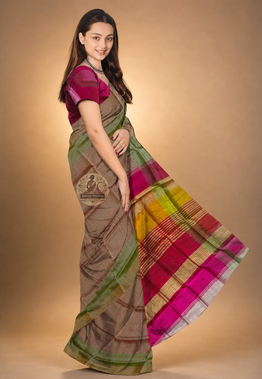 Side view of Bishnupur Katan Silk Saree showing the elegant fall and structured drape, perfect for Bengali weddings, Durga Puja and Diwali