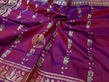 Detailed close-up of Bishnupur Baluchari Silk Saree border with handwoven figurative motifs and traditional Bengal weave — each scene woven in pure silk thread by thread