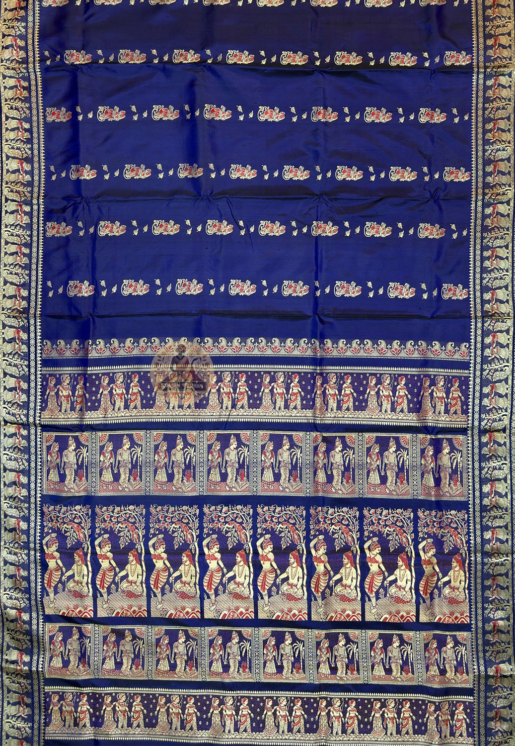 Full flat-lay of Bishnupur Baluchari Silk Saree in pure lustrous silk displaying complete handwoven mythological pallu, temple art border and saree body — a heritage piece for Durga Puja 2026, Poila Boishakh, weddings and cultural events across Bishnupur, Bankura, Kolkata and beyond