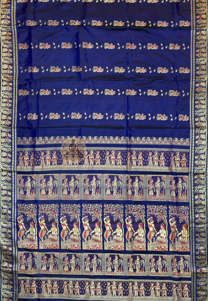 Full flat-lay of Bishnupur Baluchari Silk Saree in pure lustrous silk displaying complete handwoven mythological pallu, temple art border and saree body — a heritage piece for Durga Puja 2026, Poila Boishakh, weddings and cultural events across Bishnupur, Bankura, Kolkata and beyond