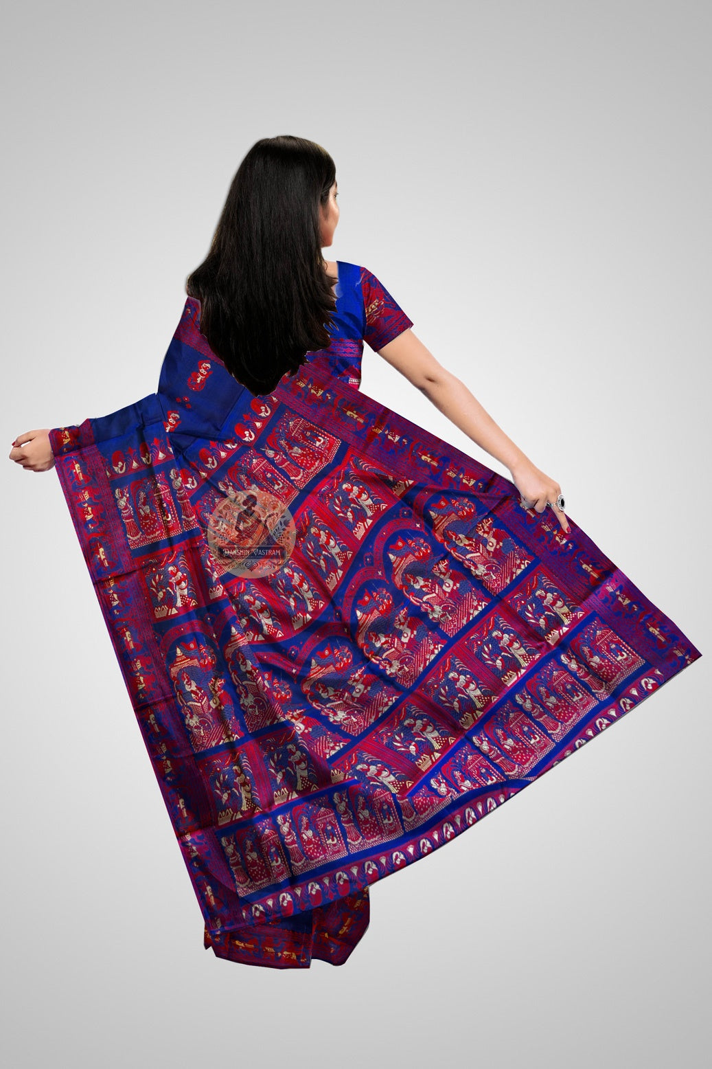 Pure silk Baluchari saree in wine red with traditional Bengali figurative weave and antique gold pallu