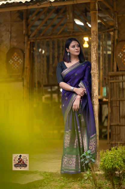 Intricate Chador drape detail with traditional Assamese handloom motifs – authentic two-piece silk garment