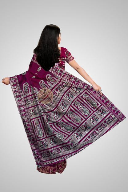 Close-up of pit-loom woven Baluchari silk border with mythological detailing