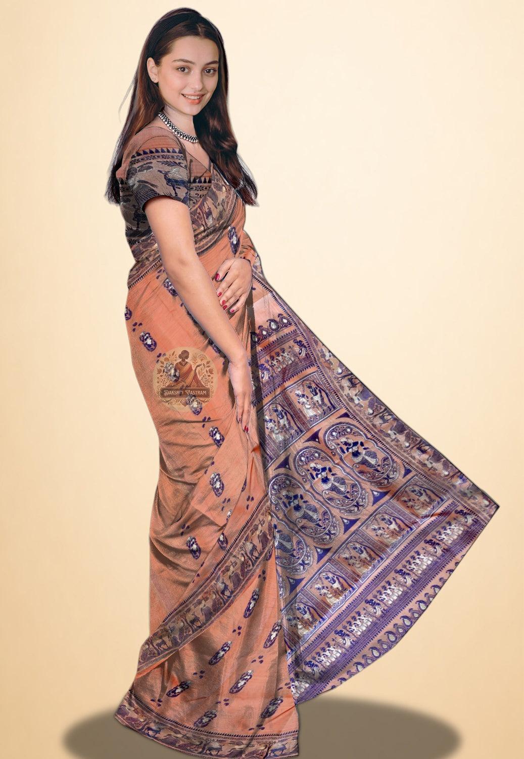 Traditional Bengal pit loom Baluchari saree — narrative silk weave with detailed figural storytelling
