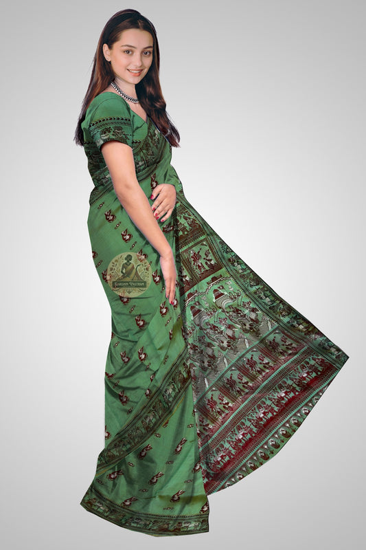 Shop Baluchari Pure Silk Saree online – Side view with woven motifs