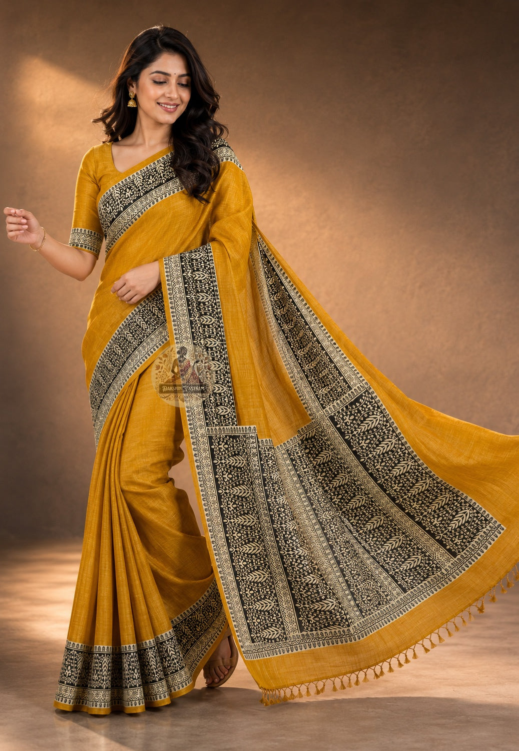 Front view of Ghicha Tussar Silk Saree in natural earthy tone, handwoven raw silk with nubby texture, draped on model for Teej and Durga Puja celebrations in Jaipur and Kolkata
