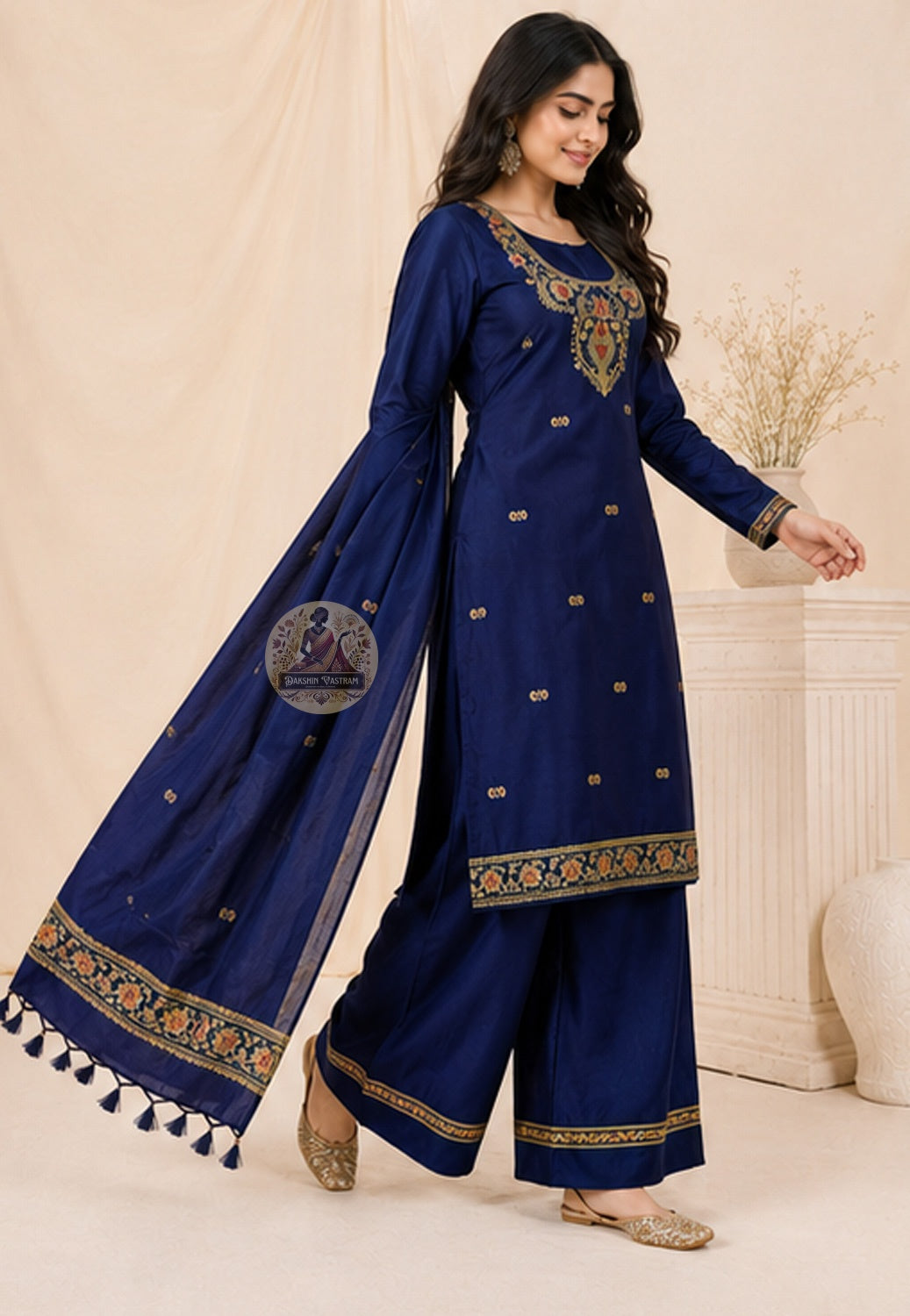 Deep blue pure mulberry silk unstitched kurti piece with traditional Baluchari border patterns — handloom West Bengal