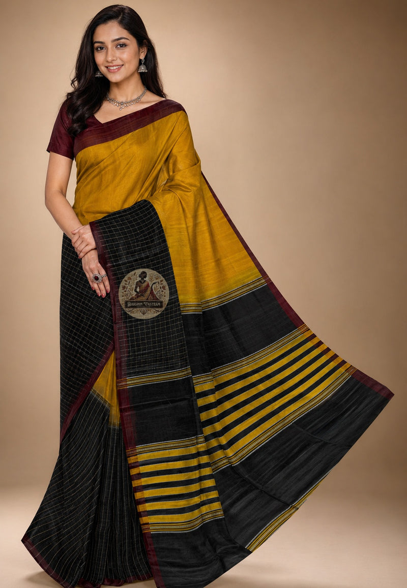 Front view of Bishnupur Pure Katan Silk Saree in rich silk weave, draped elegantly on model, showcasing traditional Bengal handloom motifs