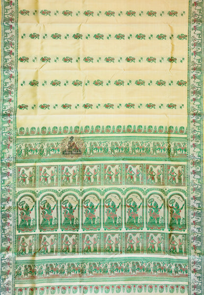 Macro close-up of individual hand-woven mythological motif on Beige Baluchari Silk Saree by Dakshin Vastram, each figure woven thread by thread against the beige silk canvas
