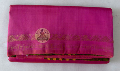 Full flat-lay of Bishnupur Pure Katan Silk Saree with matching blouse piece, handloom Bengal diaspora