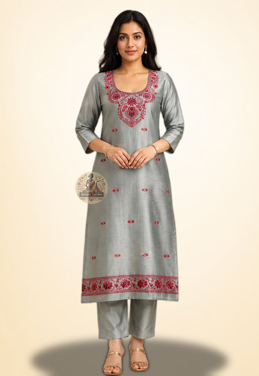 Handloom Baluchari silk unstitched kurti piece in Silver with Resham woven neckline motifs – Dakshin Vastram
