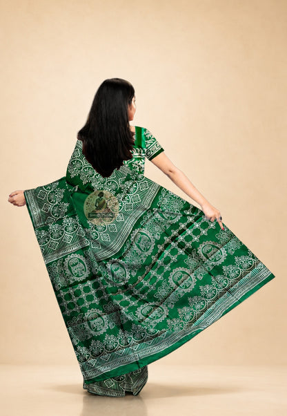 Bishnupur Silk Block Print Saree rear view – full drape showcasing Bengal folk art motifs on premium pure silk for South Asian women in America