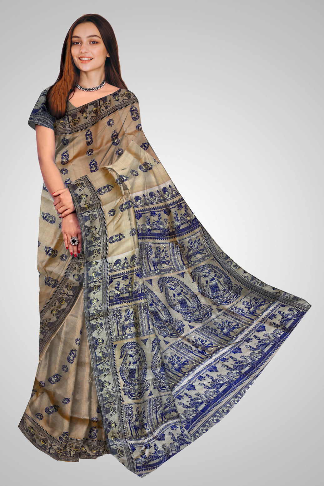 Buy Baluchari Silk Saree online – Front view of pure Mulberry silk saree