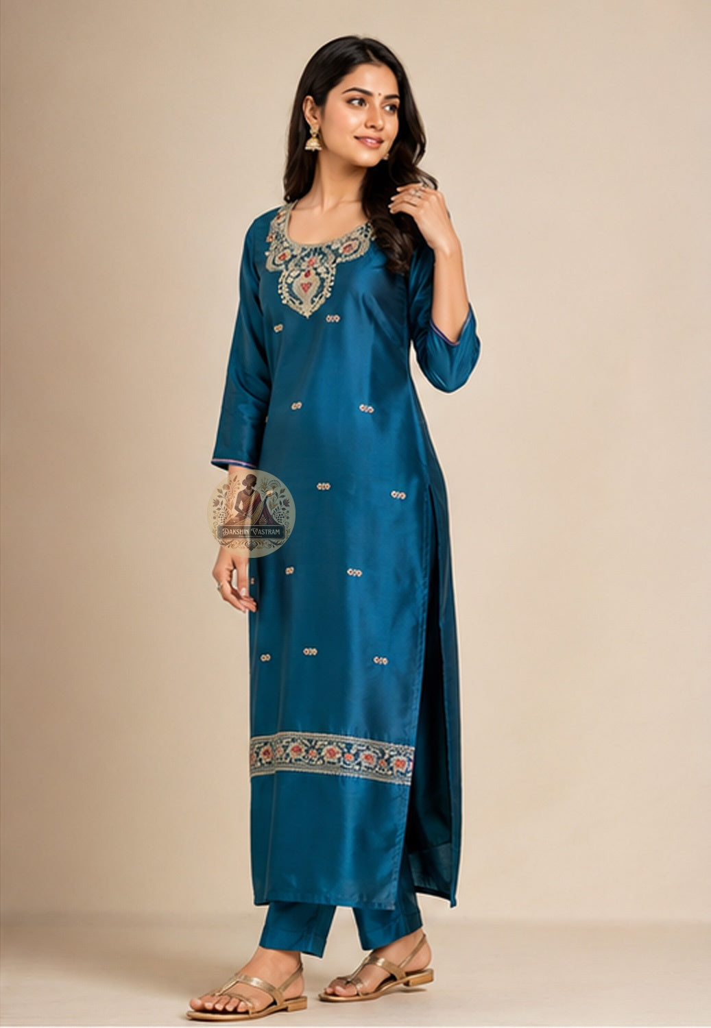 Close-up of intricate Resham silk thread embroidery on Peacock Green Baluchari kurti fabric neckline – Dakshin Vastram