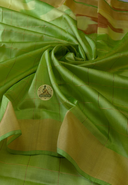 Macro close-up of handwoven motifs on Bishnupur Katan Silk Saree, revealing intricate Bengal heritage patterns woven permanently into the pure mulberry silk — a thread connecting generations