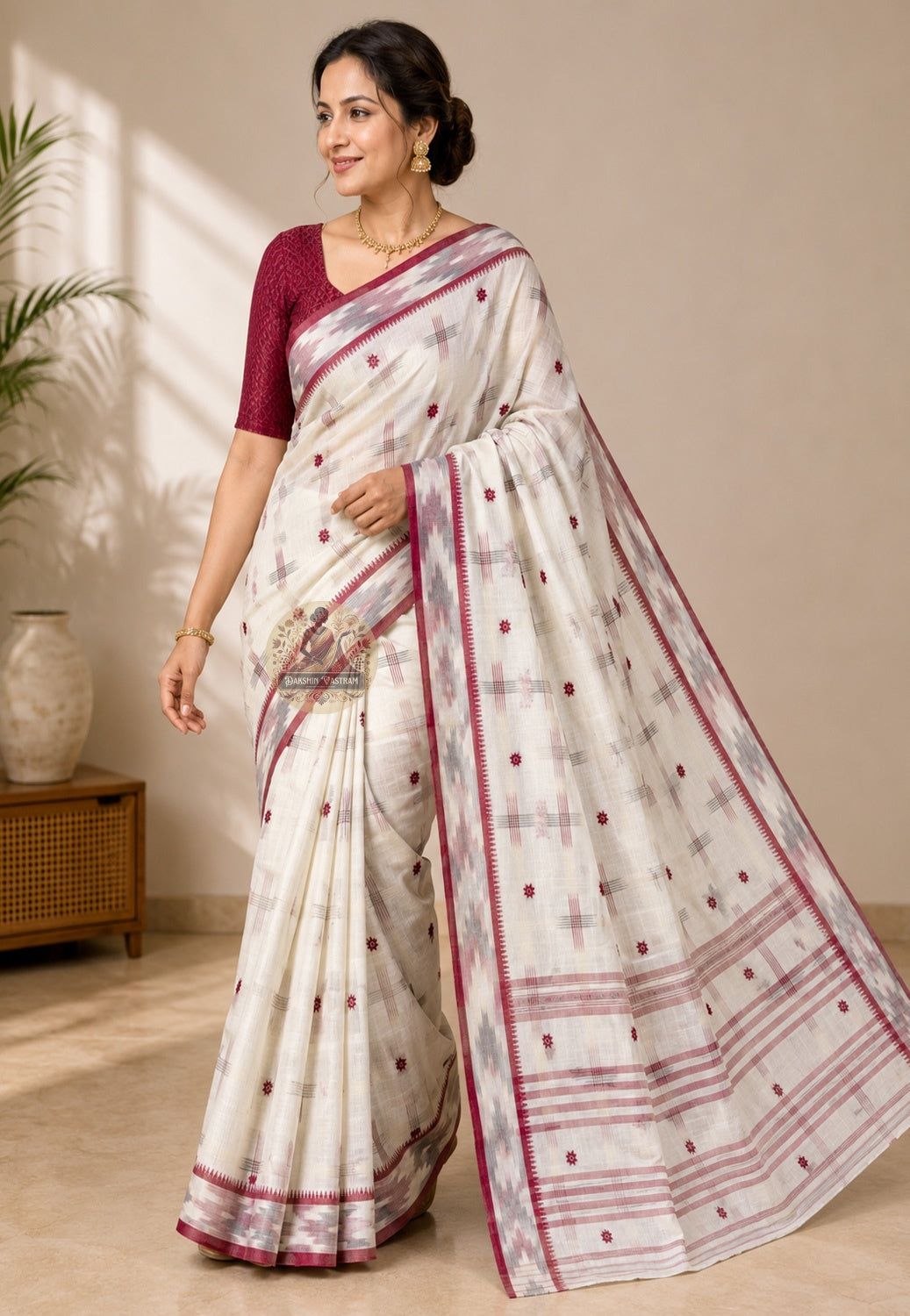 Side view of handloom cotton wedding saree showing graceful drape, soft natural fall, and elegant traditional weave
