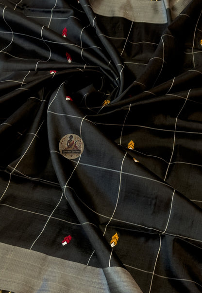 Close-up of Bishnupuri handwoven katan silk weave – pure mulberry silk threads with intricate traditional motifs, artisan craftsmanship from Bishnupur