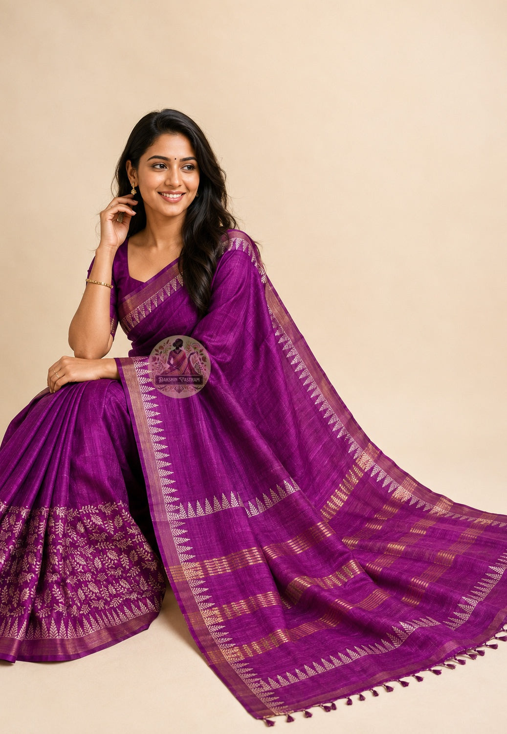 Rear view of Ghicha Tussar Silk Saree displaying handwoven pallu in deep natural Tussar tone, wild forest silk saree for wedding sangeet nights in Jaipur and Eid ul-Fitr gatherings in Hyderabad