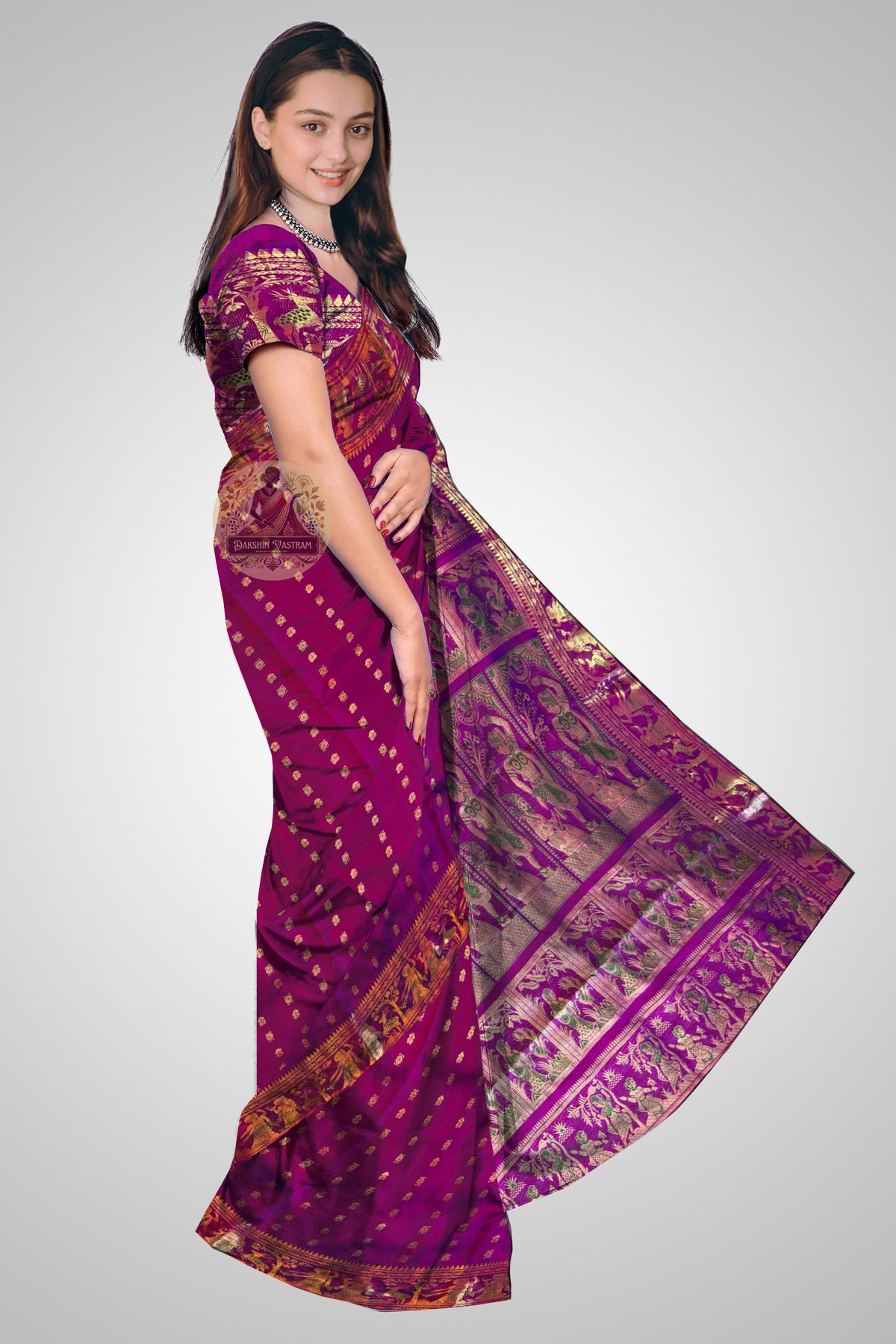Shop Swarnachari Pure Mulberry Silk Saree online – Side profile with zari motif detailing