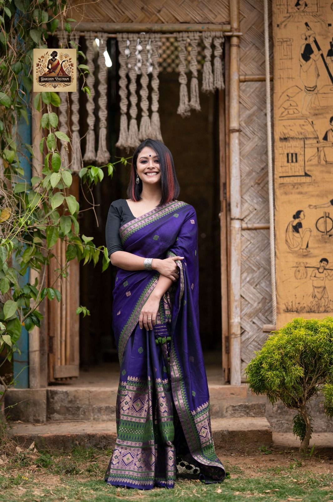 Full drape of Assamese Mekhela Chador in handwoven silk – traditional occasion wear shipped to UK