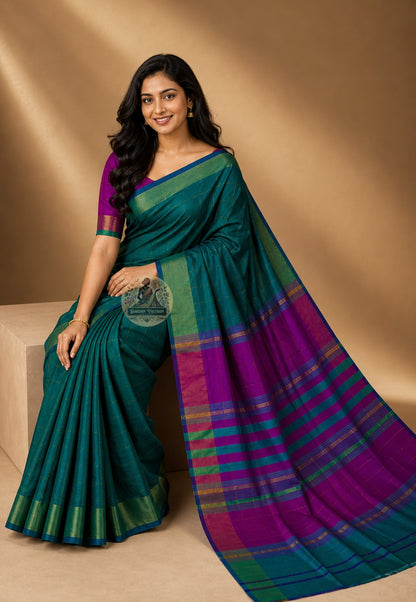 Rear view of handwoven Bishnupur Katan Silk Saree displaying the richly woven pallu with traditional Bengal terracotta temple and folk motifs — felt as much as seen
