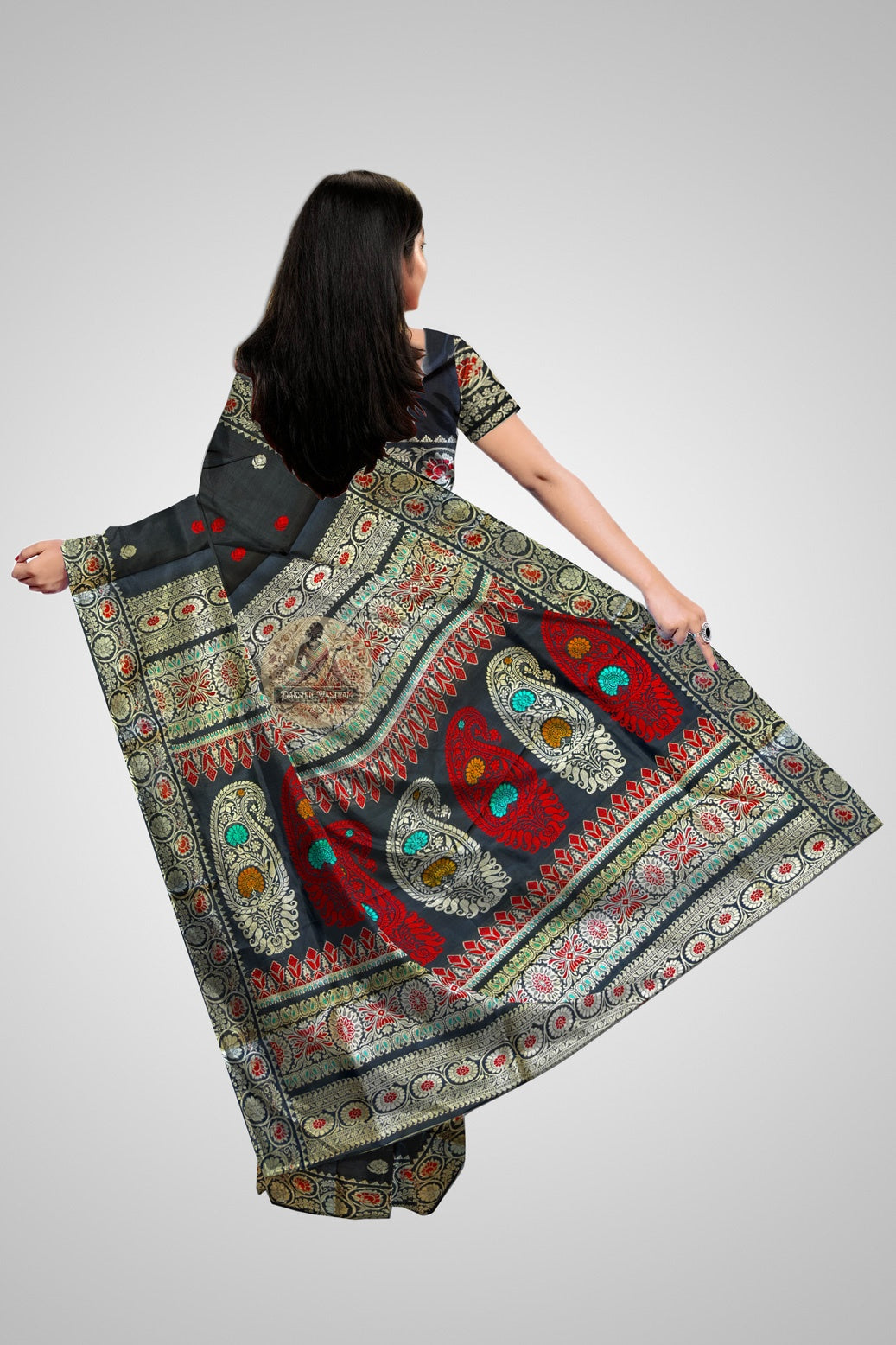 Pure silk Baluchari saree in dark navy with traditional Bengali figurative weave and antique gold temple pallu
