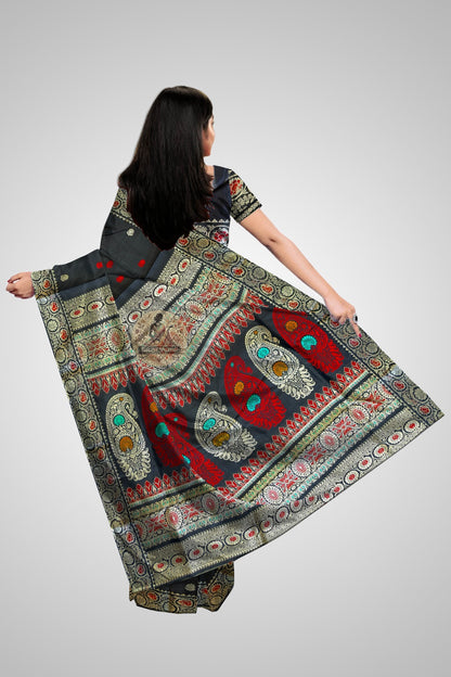 Pure silk Baluchari saree in dark navy with traditional Bengali figurative weave and antique gold temple pallu