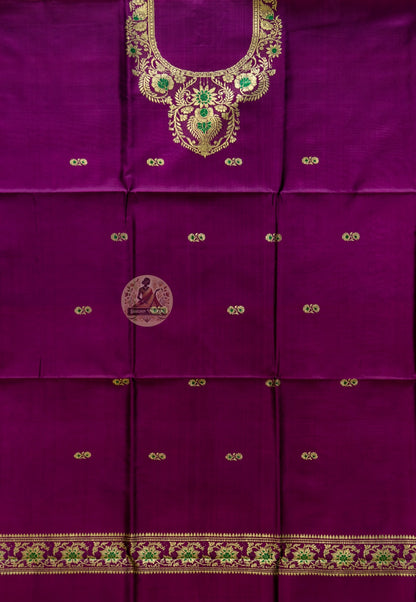 Flat lay of handloom Baluchari silk kurti piece in magenta showing full fabric length and resham border design