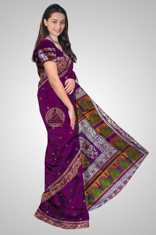 Authentic Bishnupur Baluchari saree in peacock blue with traditional narrative border weave
