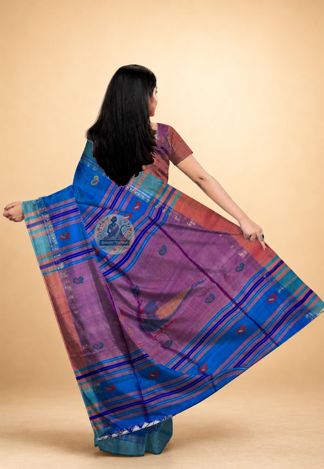 Bishnupur Silk Saree full drape view – handcrafted by Bengal artisans, perfect for Durga Puja and festive occasions
