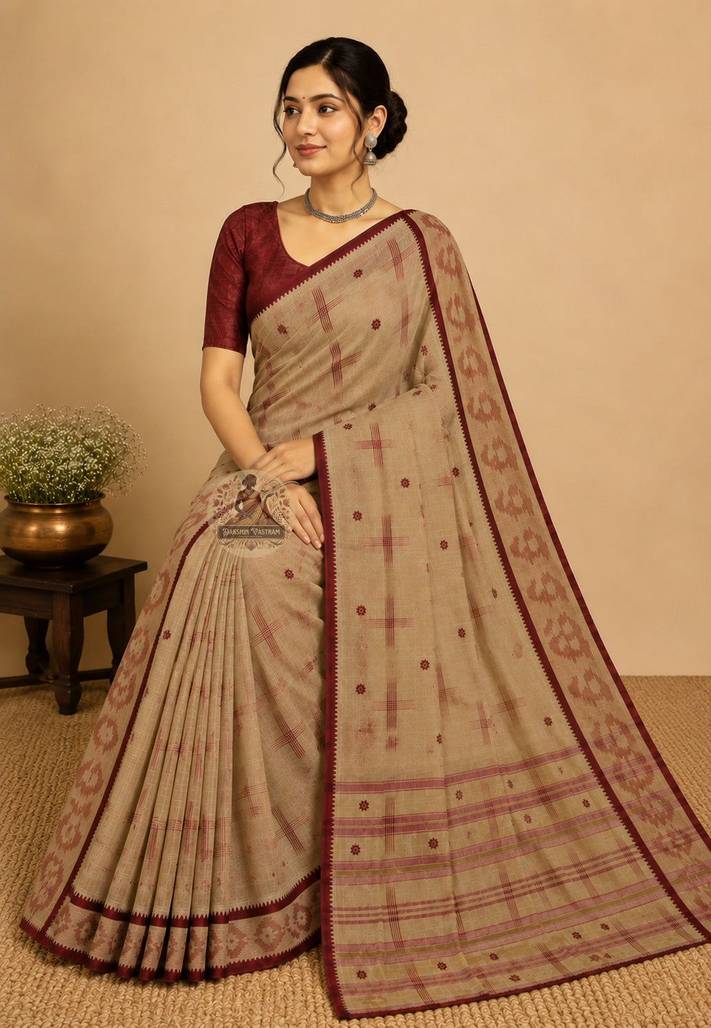 Rear view of ethical handloom cotton saree highlighting the pallu and woven border, crafted by skilled Indian artisans for conscious fashion lovers