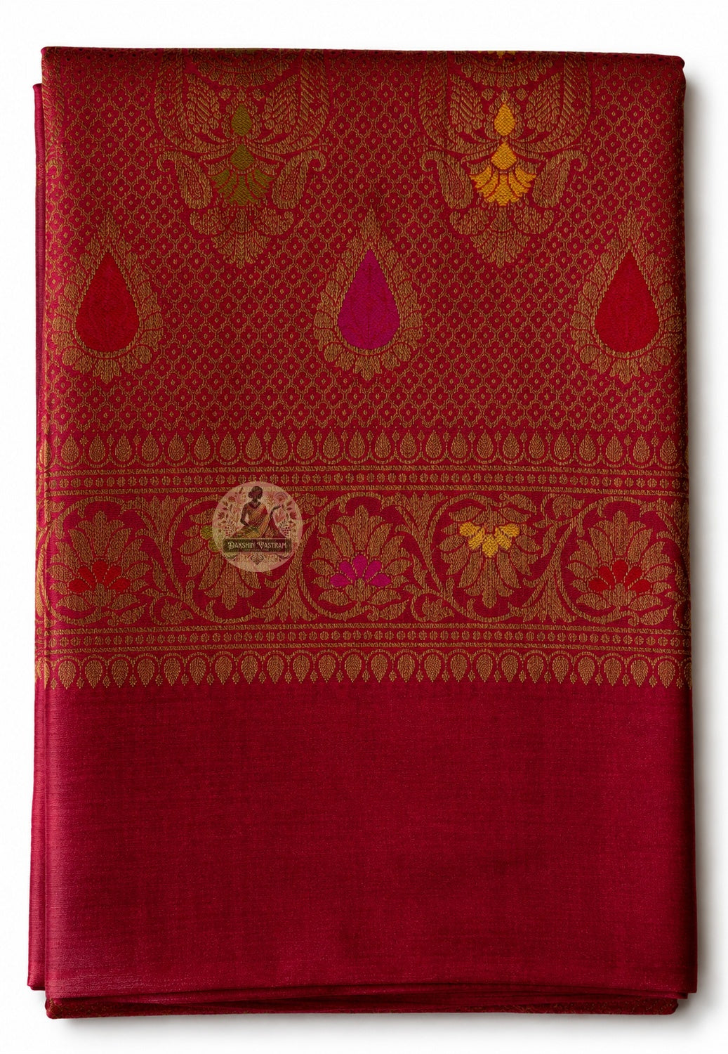Full flat-lay view of Banarasi Muga Tussar Saree in natural golden Muga silk showing complete pallu, zari border and saree body — perfect for Durga Puja, Diwali, weddings and festive occasions across India