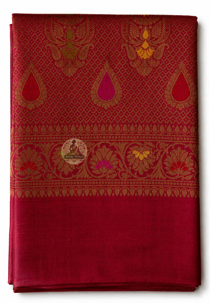 Full flat-lay view of Banarasi Muga Tussar Saree in natural golden Muga silk showing complete pallu, zari border and saree body — perfect for Durga Puja, Diwali, weddings and festive occasions across India