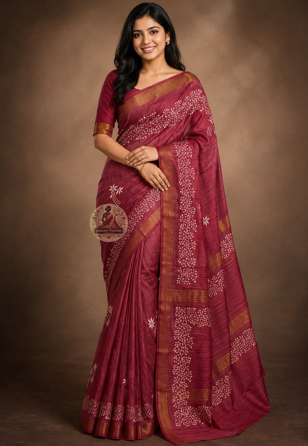 Side view of handwoven Ghicha Tussar Silk Saree showing elegant drape and natural sheen, ideal for Bengali weddings and Indian festive wear