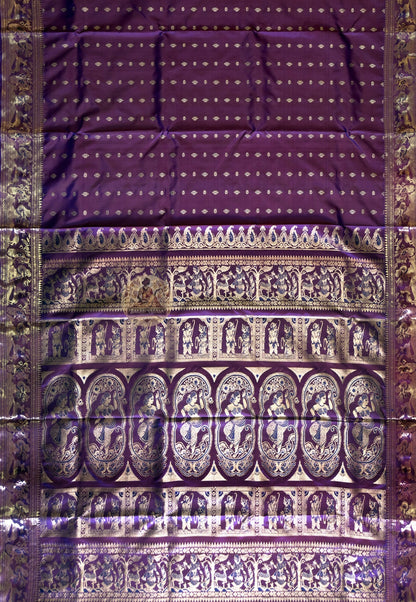 Full drape view of handwoven magenta purple Swarnachari saree with gold thread border and pallu