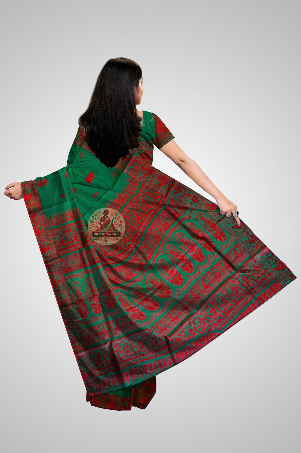 Pure silk Baluchari saree in dark violet with traditional Bengali mythological weave and antique gold pallu