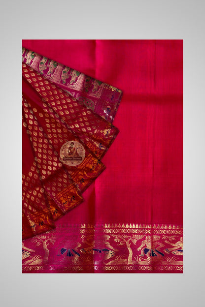 Handwoven lotus and peacock zari motifs on Swarnachari silk – inspired by Vishnu Purana traditions