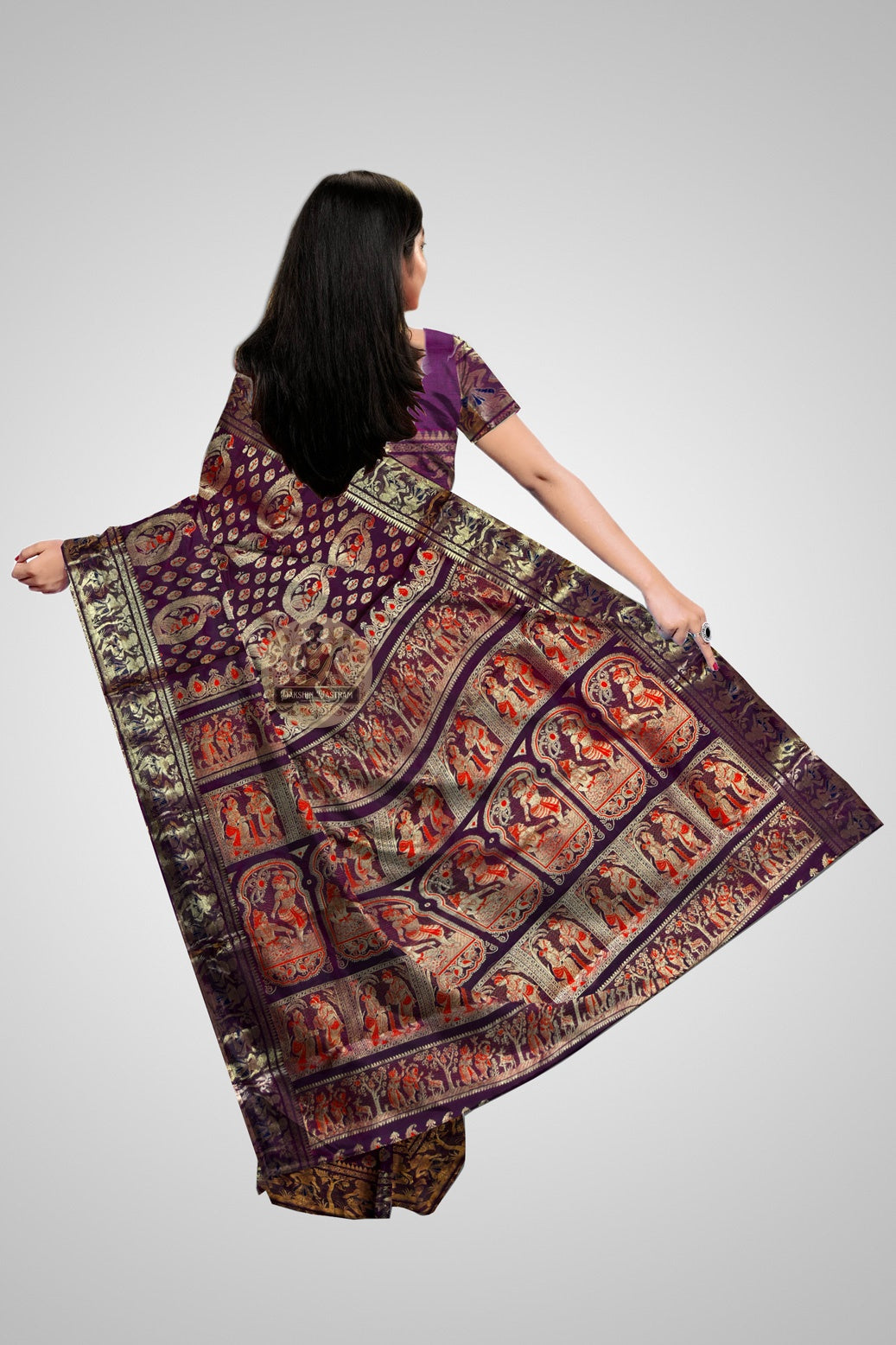 Intricate golden zari border of Swarnachari silk saree – Bishnupur temple art woven in silk