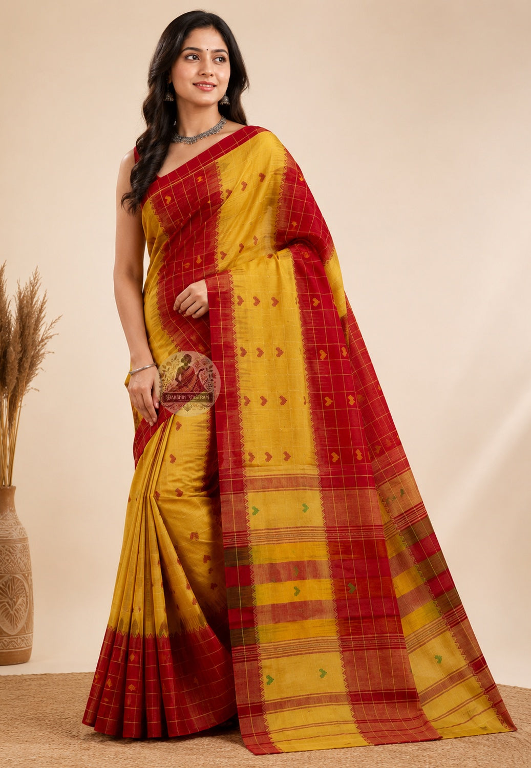 Front view of pure cotton handloom travel saree without blouse piece, lightweight and elegant for temple visits, destination weddings and festive occasions across India