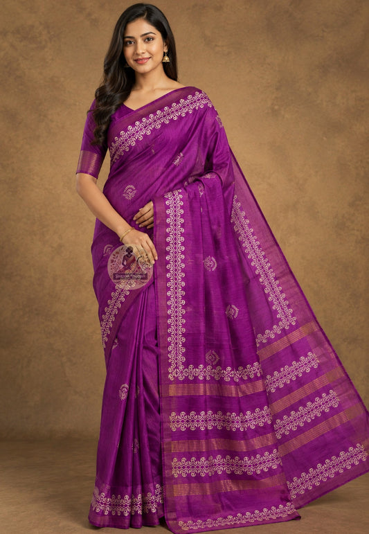 Front view of Ghicha Tussar Silk Saree in golden amber natural tone, handwoven wild forest silk draped on model, perfect for Kojagari Lakshmi Puja in Kolkata and Diwali celebrations in Indore