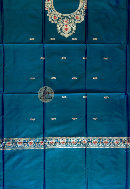 Folded Peacock Green Baluchari Silk unstitched kurti fabric with Resham embroidery – premium Indian dress material for UK, USA and EU