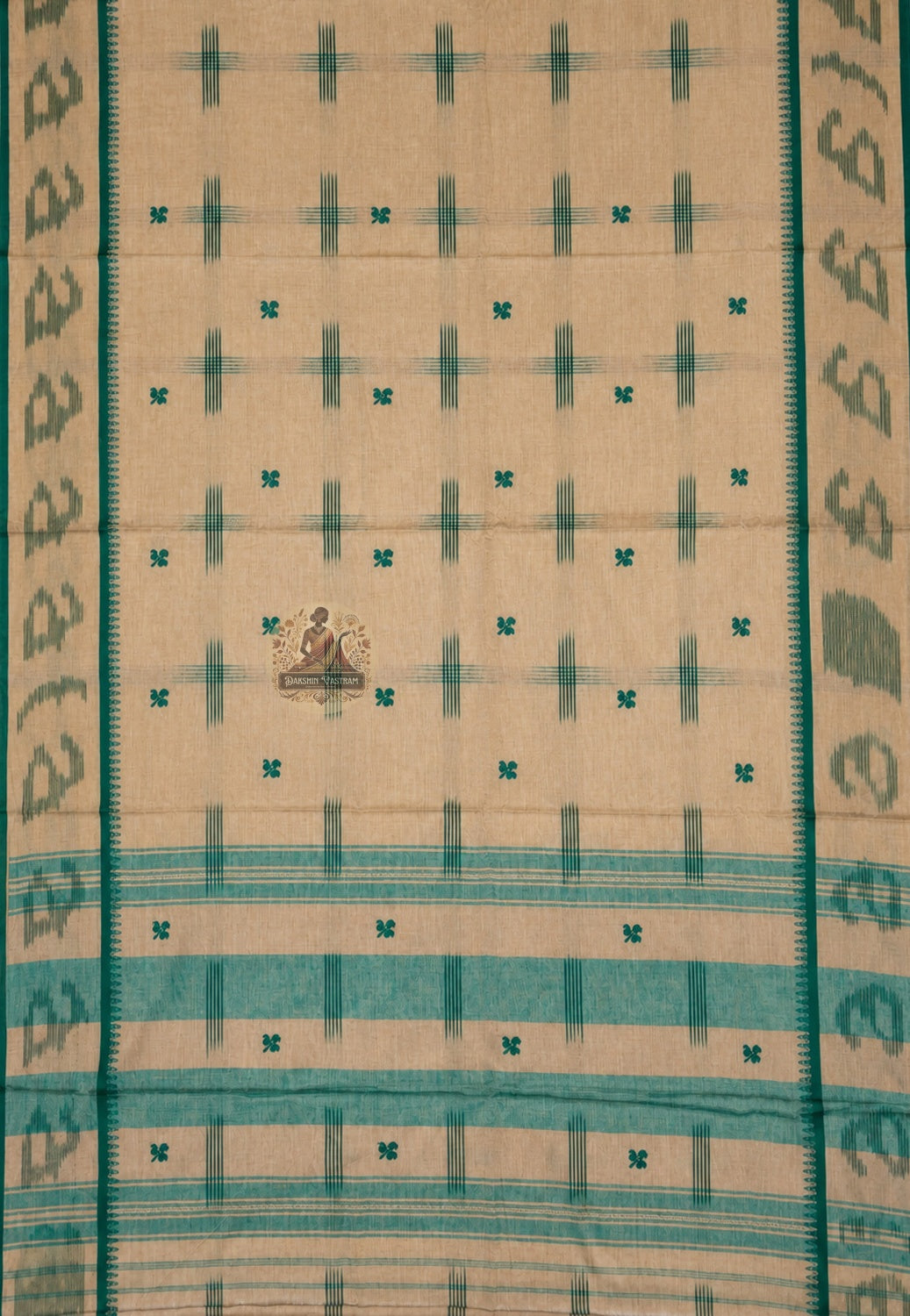 Rear view of handloom pure cotton saree highlighting the pallu and woven border, crafted by Indian weavers for Durga Puja 2026