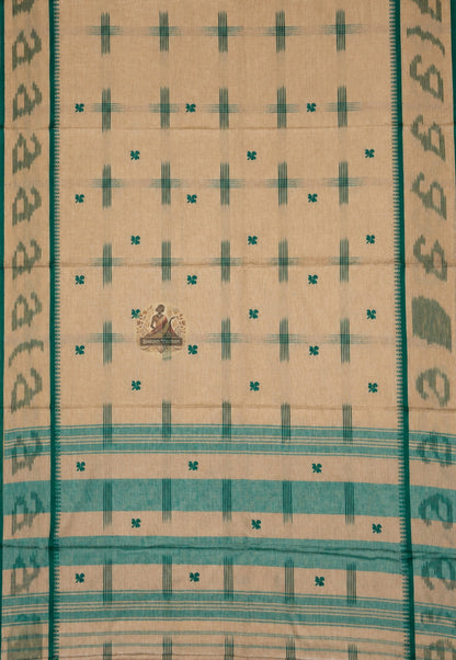 Rear view of handloom pure cotton saree highlighting the pallu and woven border, crafted by Indian weavers for Durga Puja 2026
