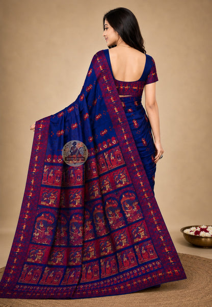 Rear view of Baluchari Silk Saree displaying richly handwoven pallu with scenes from Indian mythology — Mahabharata and Ramayana motifs woven in silk on traditional Bengal loom
