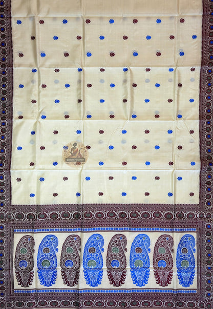 Matching blouse piece of rare Bishnupur Baluchari Silk Saree in finest pure silk with highly intricate handwoven Baluchari border motifs, included with the saree