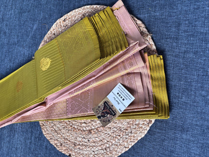 Semi Kanjivaram saree flat lay showing zari pallu and blouse piece – new arrival Indian saree UK