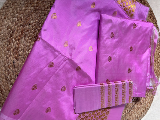 Front view of Paat Mekhela Chador with handwoven swan pair border and gamosa checkered body weave authentic Sualkuchi Assam mulberry silk