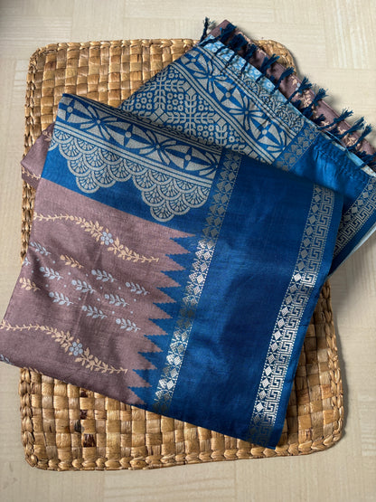 Buy Grey Semi Silk Saree with Blue Border online – Grey Saree rear view